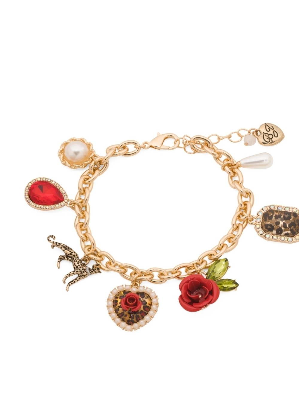 Betsey Johnson Gold-Tone Charm Bracelet with Red Rose, Red Gem & Leopard Accents